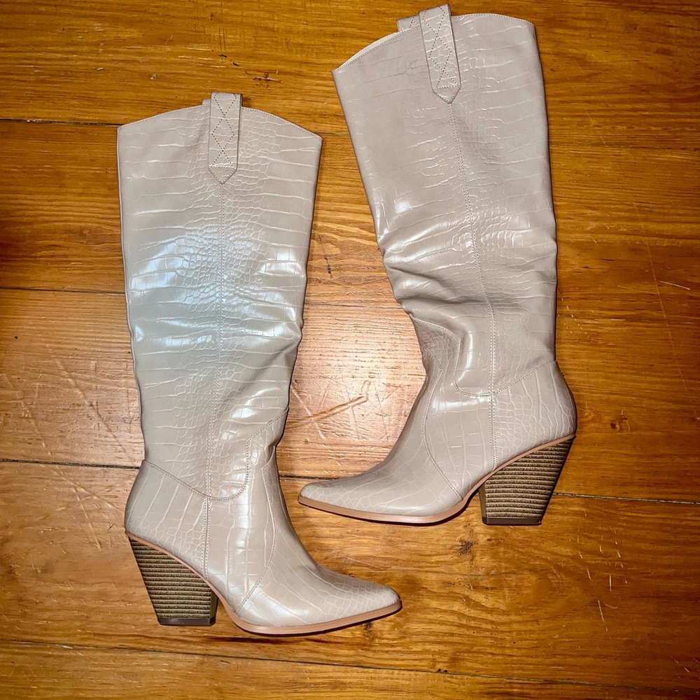 Nasty Gal Women's Cream Croc-Embossed Knee-High Boots